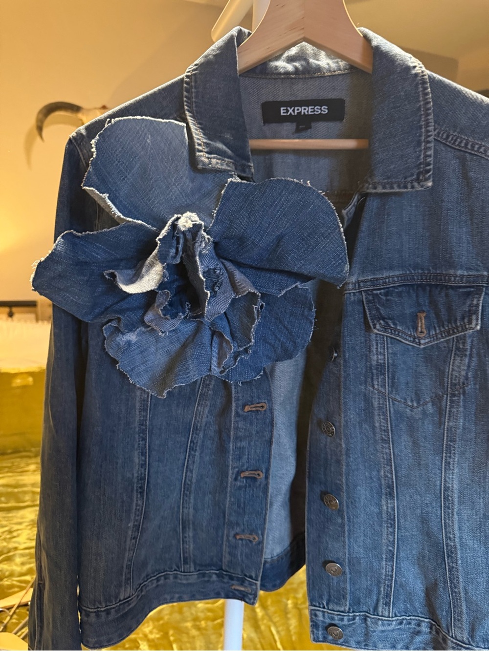 HUGE Denim flower accent upcycled Detail Denim Jacket